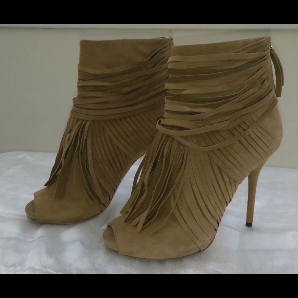 Authentic Gucci Ackerman Suede Tassle Fringe high heel booties shoe boot EU 37.5